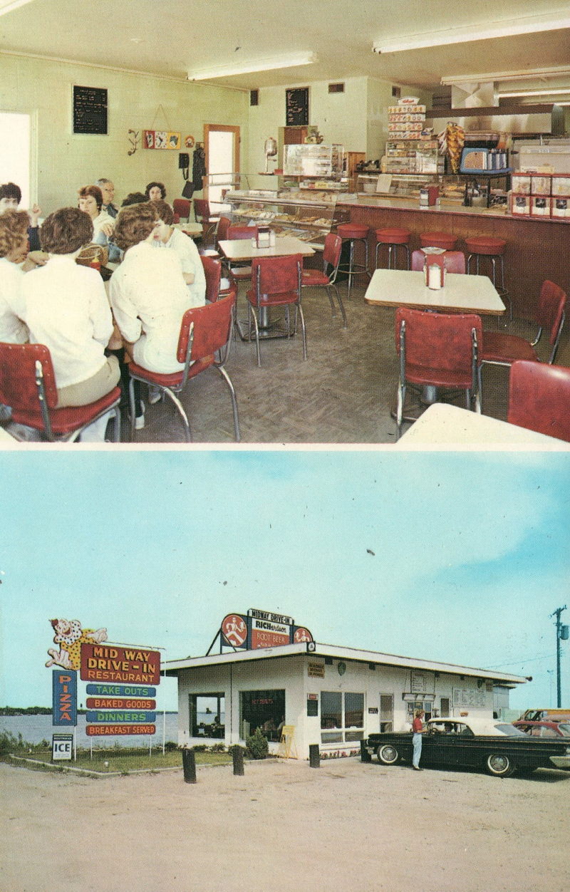 Augies On the Bay (Midway Drive-In) - Vintage Postcard